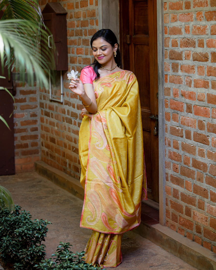 Buy Yellow Tussar Embroidery Saree T381112