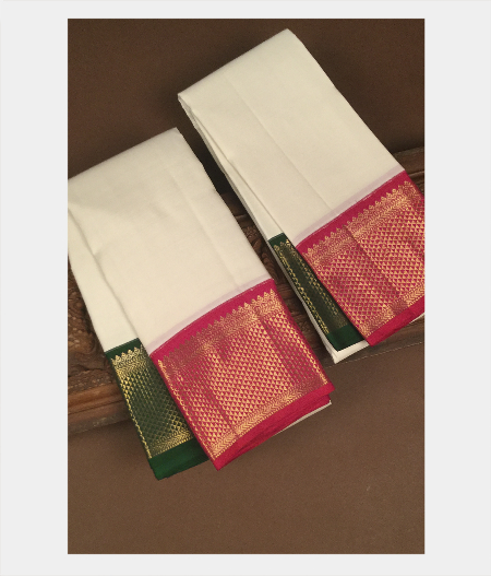 White Handwoven Kanjivaram Silk Dhoti and Vastharam T1131312