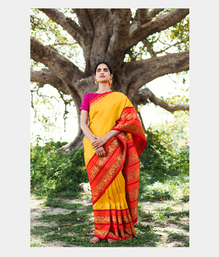 Yellow Kanjeevaram Silk Saree With Red Korvai Border - Tulsi Weaves