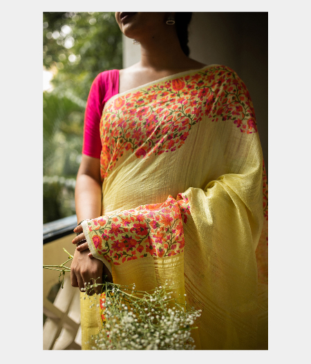 Yellow Tussar Printed Saree T1676422