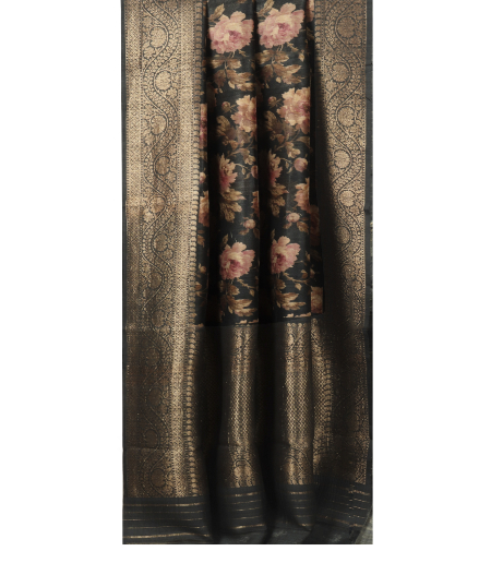 Black Tussar Printed Saree T1687312