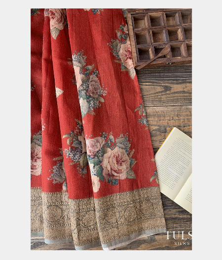 Red Tussar Printed Saree T168726-image