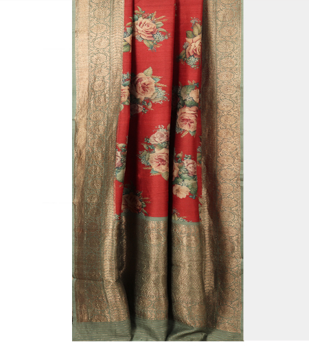 Red Tussar Printed Saree T1687262