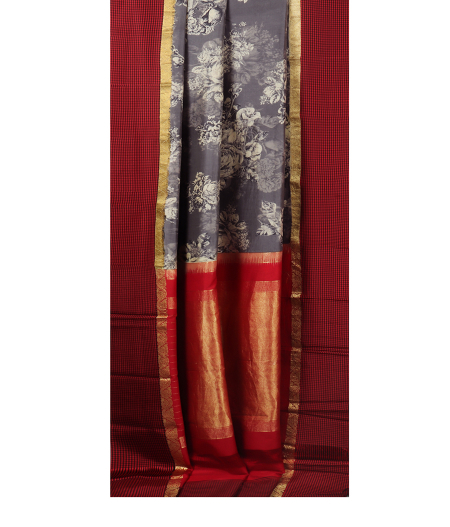 Grey Printed Soft Silk Saree T1875692