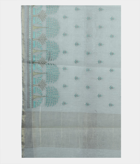 White Chanderi Cotton Embroidery Saree T1450984