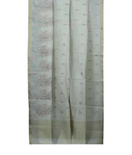 White Chanderi Cotton Embroidery Saree T1616862