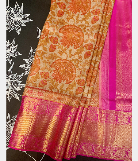 Beige Hand Printed Kanjivaram Silk Saree T163150-image