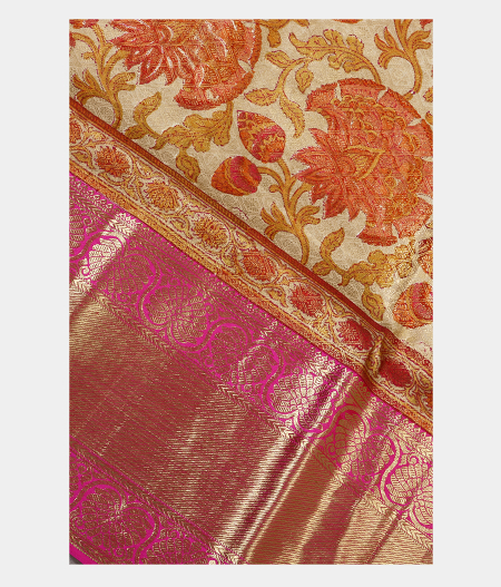 Beige Hand Printed Kanjivaram Silk Saree T1631505
