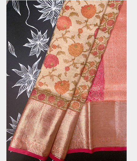 Beige Hand Printed Kanjivaram Silk Saree T169990-image