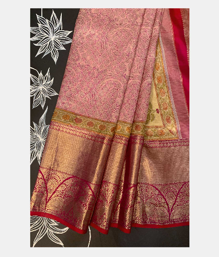 Light Pink Hand Printed Kanjivaram Silk Saree T141990-image