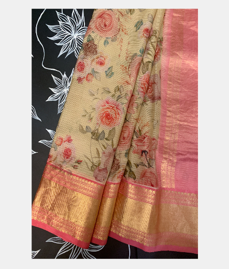 Beige Hand Printed Kanjivaram Silk Saree R1770-image