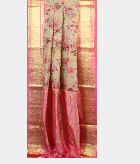 Beige Hand Printed Kanjivaram Silk Saree R17702