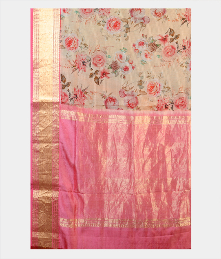 Beige Hand Printed Kanjivaram Silk Saree R17704