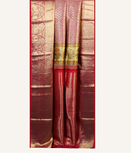 Light Pink Hand Printed Kanjivaram Silk Saree T1419902