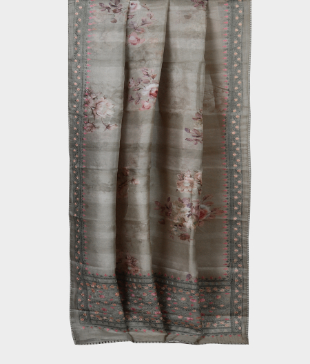 Greenish Grey Kora Organza Embroidery Saree T1990942