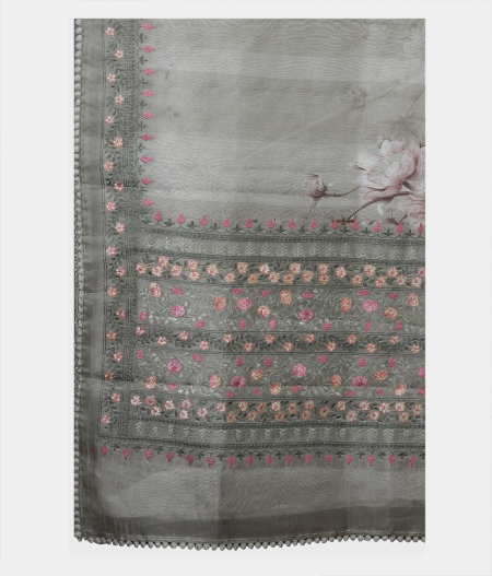 Greenish Grey Kora Organza Embroidery Saree T1990944