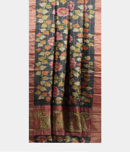 Grey Tussar Printed Saree T1691232
