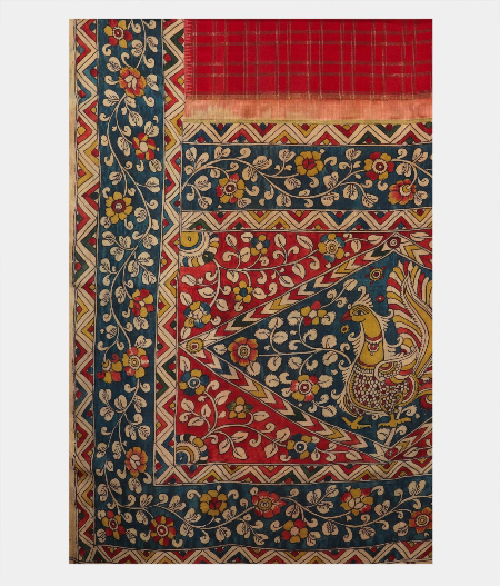 Red Handpainted Kalamkari Kanjivaram Silk Saree T1910644