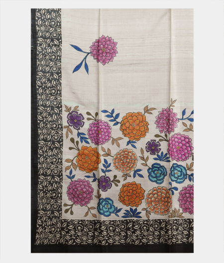 Beige Tussar Kantha Work Saree T1831334