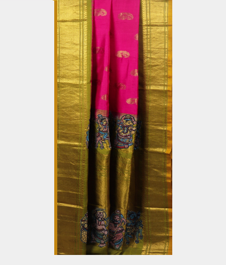 Magenta kanjivaram Kalamkari Patchwork Saree T1876492