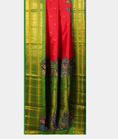 Red kanjivaram Kalamkari Patchwork Saree  T1876502