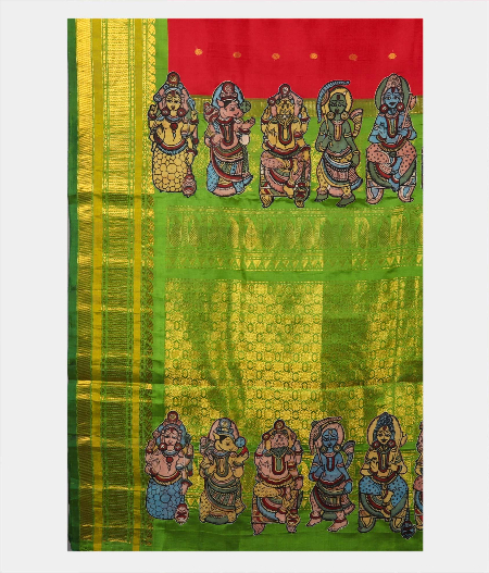 Red kanjivaram Kalamkari Patchwork Saree  T1876504