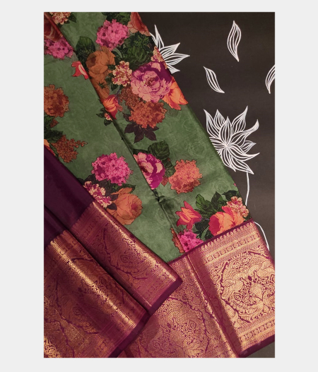 Green Printed Kanjivaram Silk Pavadai T166460-image