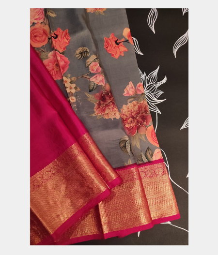 Grey Printed Kanjivaram Silk Pavadai T180156 (Kids)-image