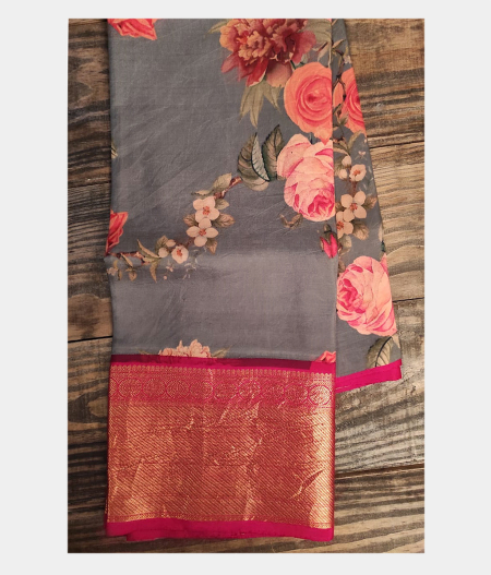 Grey Printed Kanjivaram Silk Pavadai T180156 (Kids)2