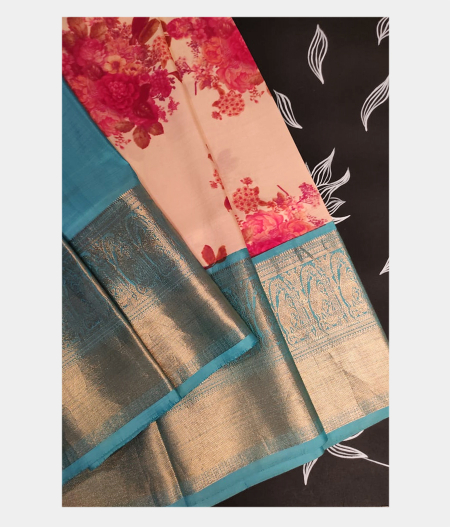 Cream Printed Kanjivaram Silk Pavadai T190742-image