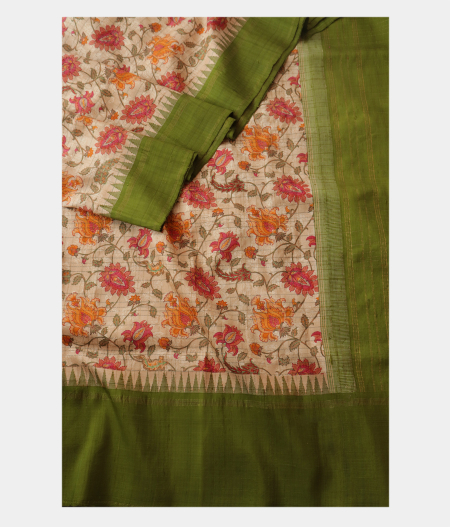 Beige Hand Printed Kanjivaram Silk Saree T1813242