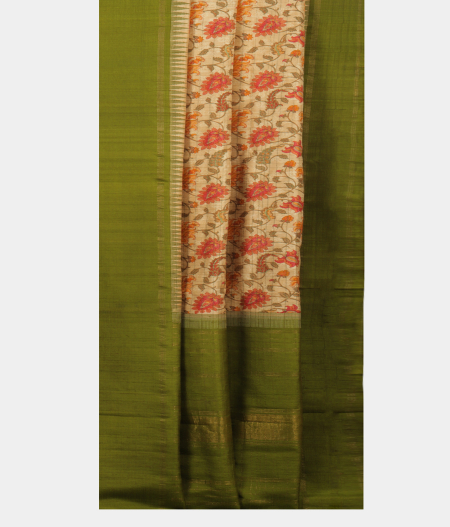 Beige Hand Printed Kanjivaram Silk Saree T1813243