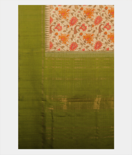 Beige Hand Printed Kanjivaram Silk Saree T1813245