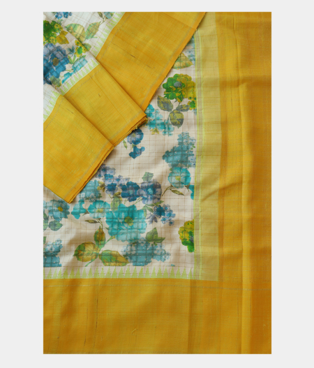 White Hand Printed Kanjivaram Silk Saree T1862632
