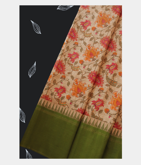 Beige Hand Printed Kanjivaram Silk Saree T181324-image