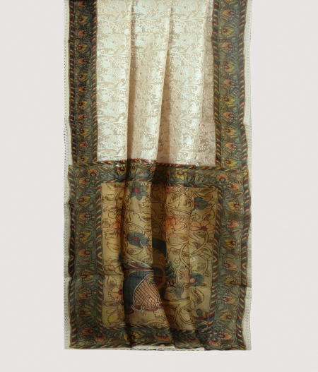 Cream Kora Organza Embroidery Saree T2037492