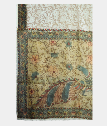 Cream Kora Organza Embroidery Saree T2037494