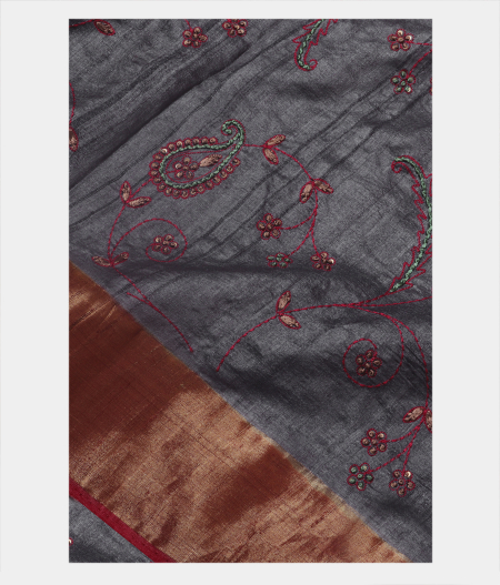 Grey Tussar Embroidery Saree T83147-image