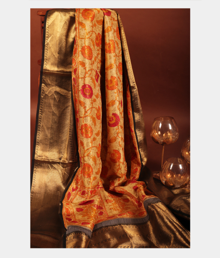 Beige Hand Printed Kanjivaram Silk Saree T133825-image