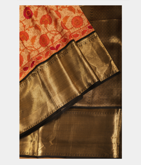 Beige Hand Printed Kanjivaram Silk Saree T1338252
