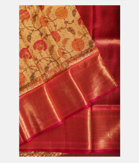 Beige Hand Printed Kanjivaram Silk Saree T1532464