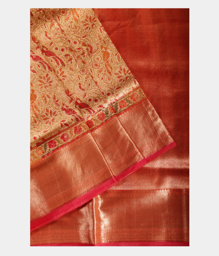 Beige Hand Printed Kanjivaram Silk Saree T1699882