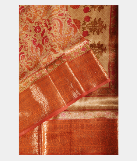 Beige Hand Printed Kanjivaram Silk Saree T1699892
