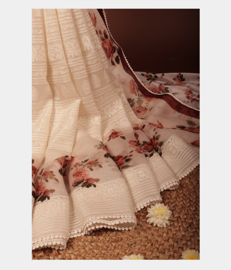 White Kora Organza Embroidery Saree T213449-image