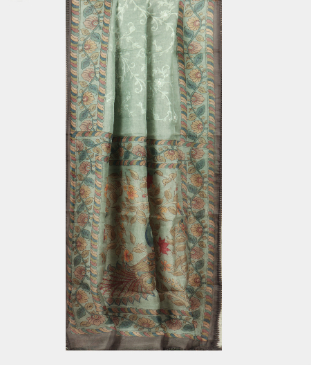 Greenish Grey Kora Organza Embroidery Saree T2184092