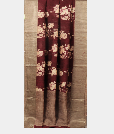 Burgundy Tussar Printed Saree T2104842