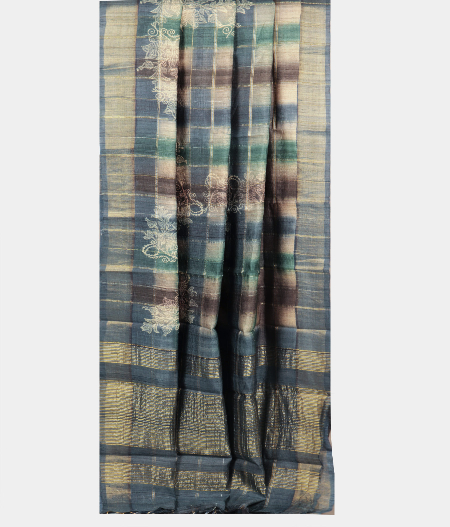 Dark Blue Tussar Printed Saree T2185872