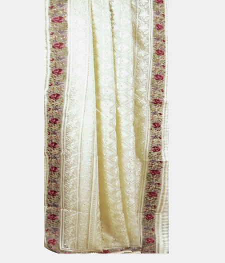 Cream Kora Organza Embroidery Saree T2208672