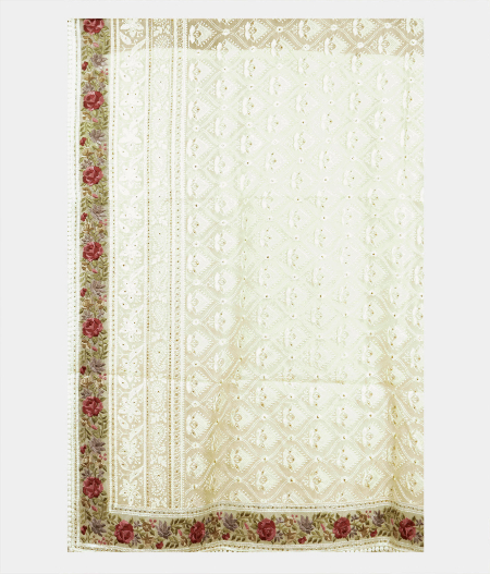 Cream Kora Organza Embroidery Saree T2208674