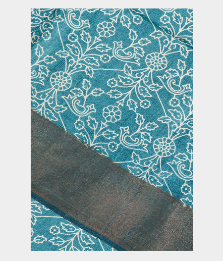 Teal Blue Tussar Printed Saree T219194-image